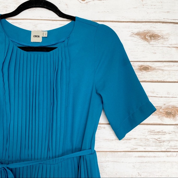 ASOS teal pleated dress with tie waist - Picture 3 of 5